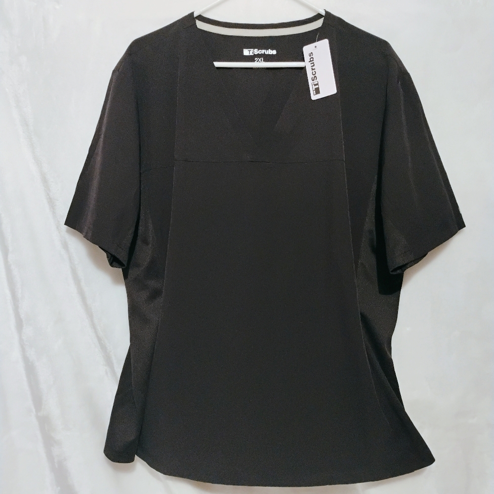 TI SCRUBS Black Medical Scrub Top Stash Pocket V Neck Women's 2X XXL NEW NWT D